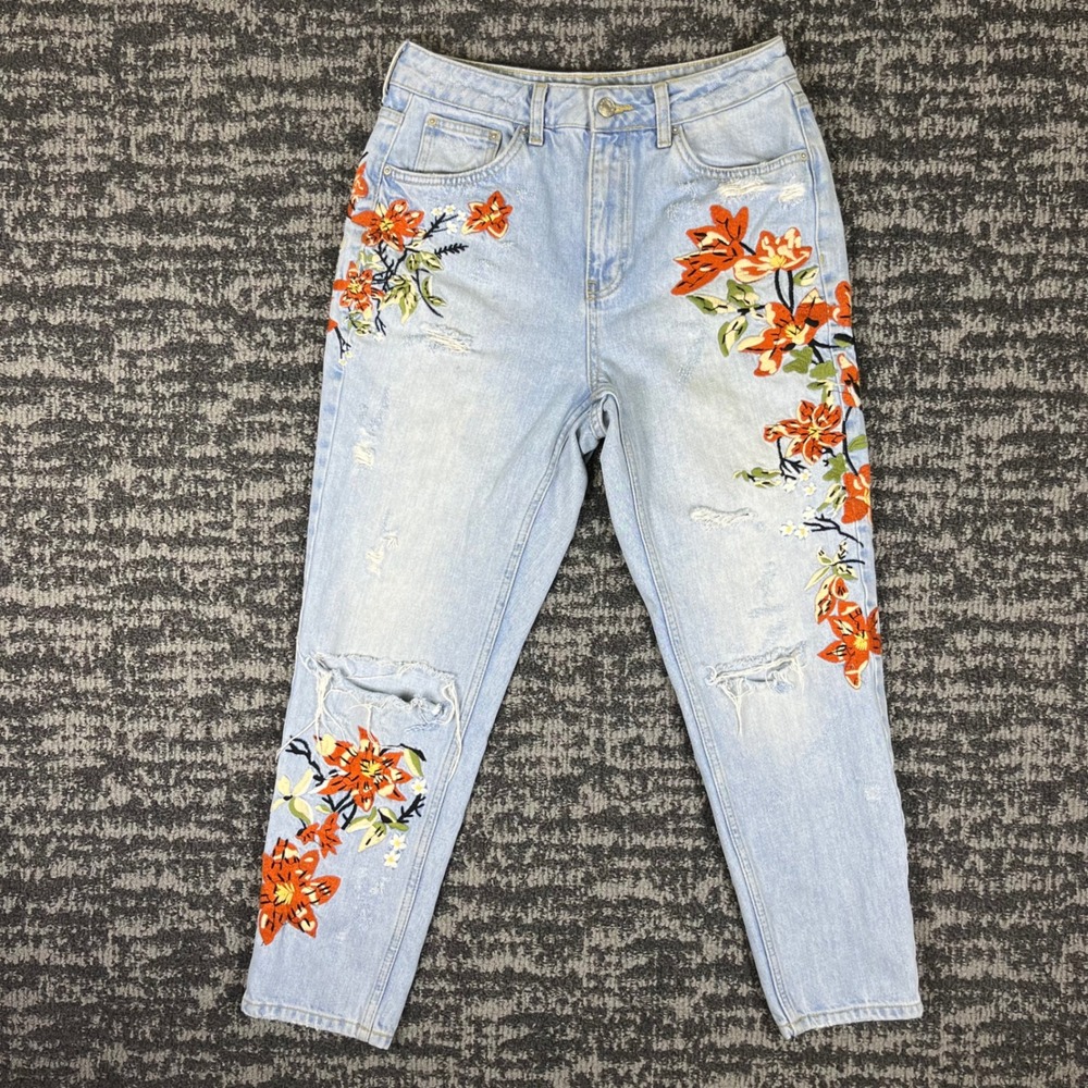 Topshop Moto Mom Jeans Womens 28 Light Wash Blue Floral Embroidered Distressed